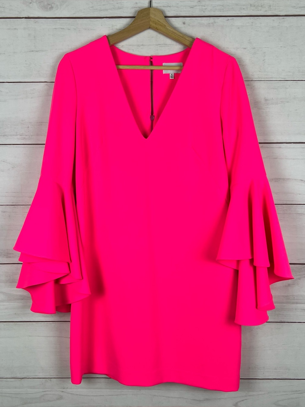 Milly Women's Italian Cady V-Neck Bell Sleeve Nicole Mini Dress Neon Pink Size 4